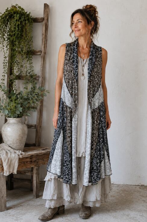 new de lis Jackets & Blazers - Lagenlook Open Knit Duster Vest Large Wool Blend Gray Marled Waterfall Boho